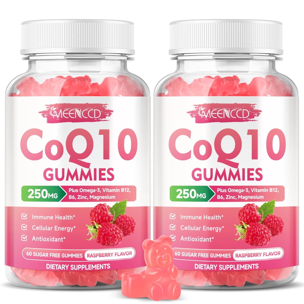 Sugar-Free CoQ10 Gummies 250mg, Coenzyme Q10 Supplements Plus Omega-3, Vitamin B6 & Zink, High Absorption CoQ10 Supplement för Cellular Energy & Antioxidant Support, Raspberry Flavor, Vegan 120Cts