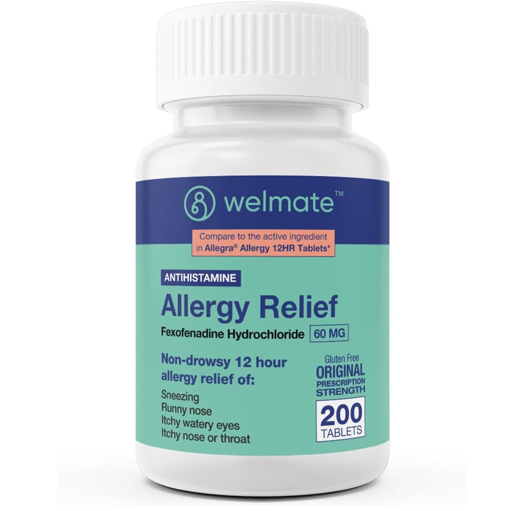WELMATE - Allergia Relief - Fexofenadiini HCl 60 mg - 12 tuntia ei- vaimeaa antihistamiinia - Aivastelu - Runny Nenä - kutiava silmät, nenä ja kurkku - Allergia Relief - 200