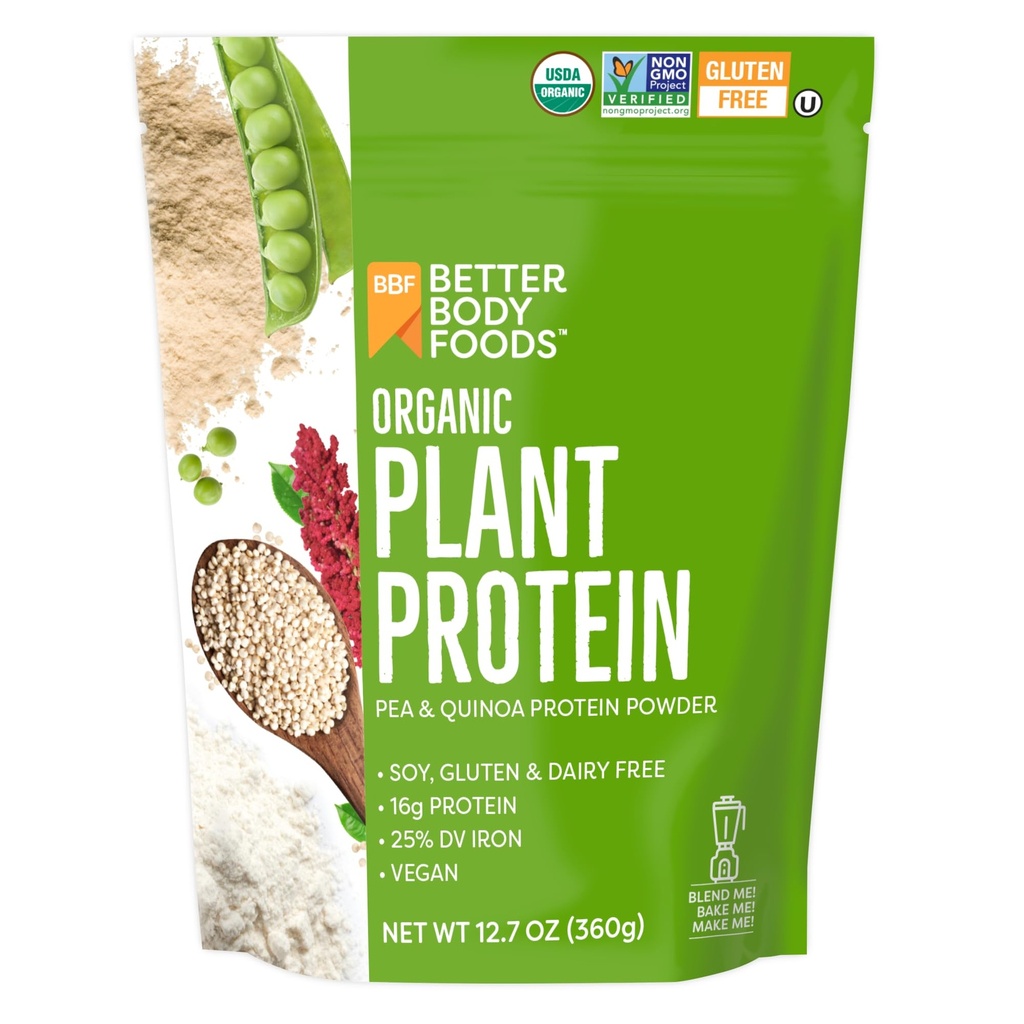 BetterBody Foods Organic Plant Based Protein Powder, 16g of Protein 24% DV, Vegan, Low Net Carbs, Gluteeniton, Dairy Free, Ei sokeria lisätty, soijaton, ei-GMO, 12.7 Ounces