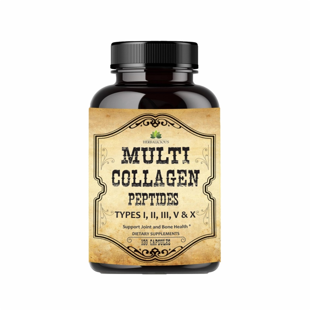 HERBALICIOUS Multi Collagen Peptides kapselit - ei-GMO & Gluteeniton tyyppi I, II, III, V, X Hydrolysoitu kollageeni täydentää C-vitamiini - tukee terveet hiukset, iho, kynnet, & nivelet - 120 kapselia