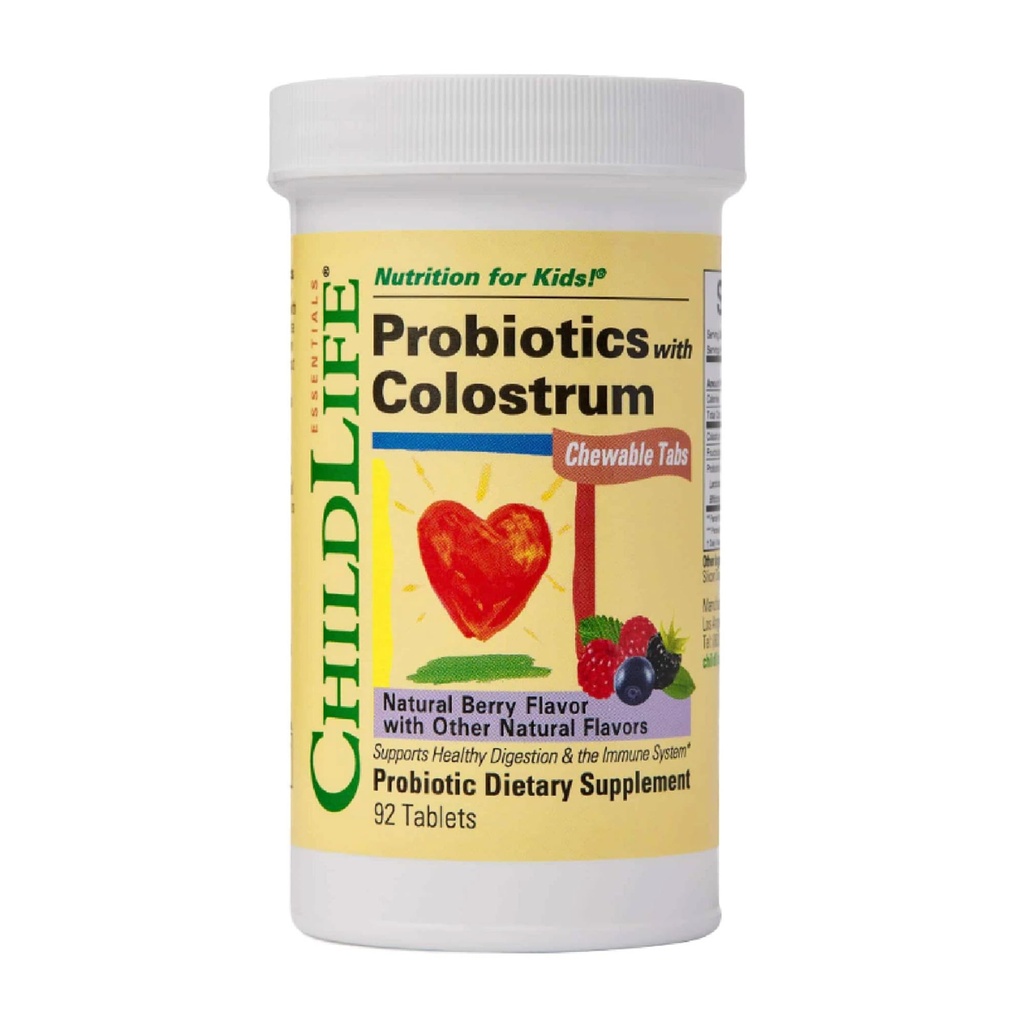 CHILDLLIFE OLENNAISET ChildBiotics Colostrum- Probiootit lapsille, Probiootit digestiiviselle terveydelle, purut, Lasten probiootit, Colostrum lapsille, Gluteeniton - Natural Berry, 92 tablettia