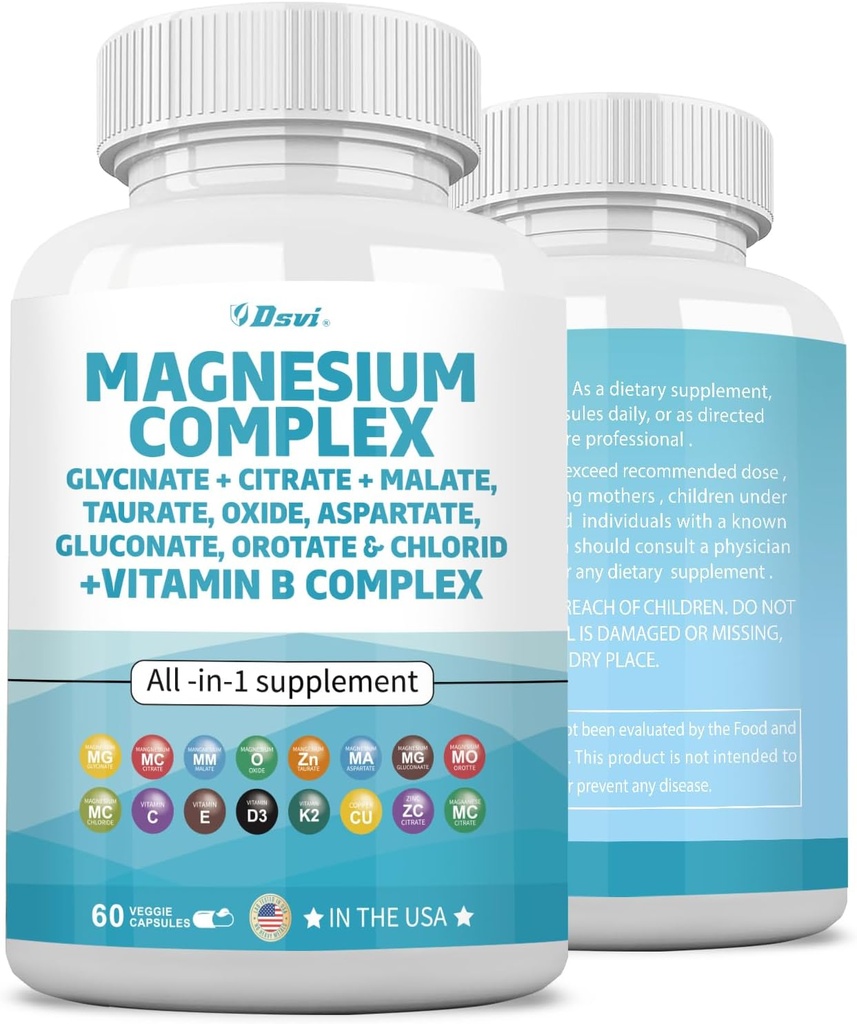 60 greve Magnesium Komplex 2285mg med Magnesium Glycinate Citrate Malate Oxide Taurate Aspartate Gluconate Orotate & Mag Chloride, Zink Copper Manganese & Vitamin C B1 B2 B6 B12 Komplex USA