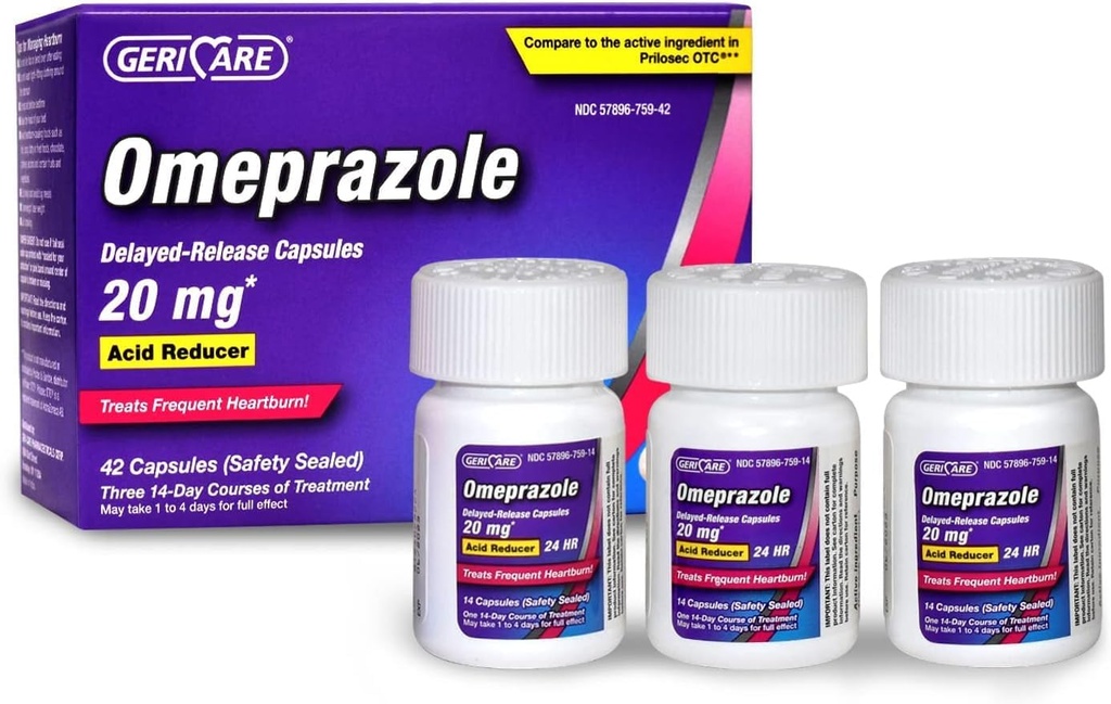 GeriCare Omeprazole Delayed Release Capsules 20.6mg - Acid Reducer Pills för 24 timmars Heartburn Relief - Acid Reflux Medicine för att behandla Frequent Heartburn (42 Count)