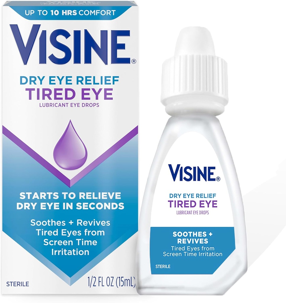 Visine Dry Eye Relief Tired Eye Lubricant Eye Drops, Moisturizing & Soothing Sterile Drops för irriterade, torra och trötta ögon på grund av skärmtid irritation, polyeten Glycol, 0,5 fl oz