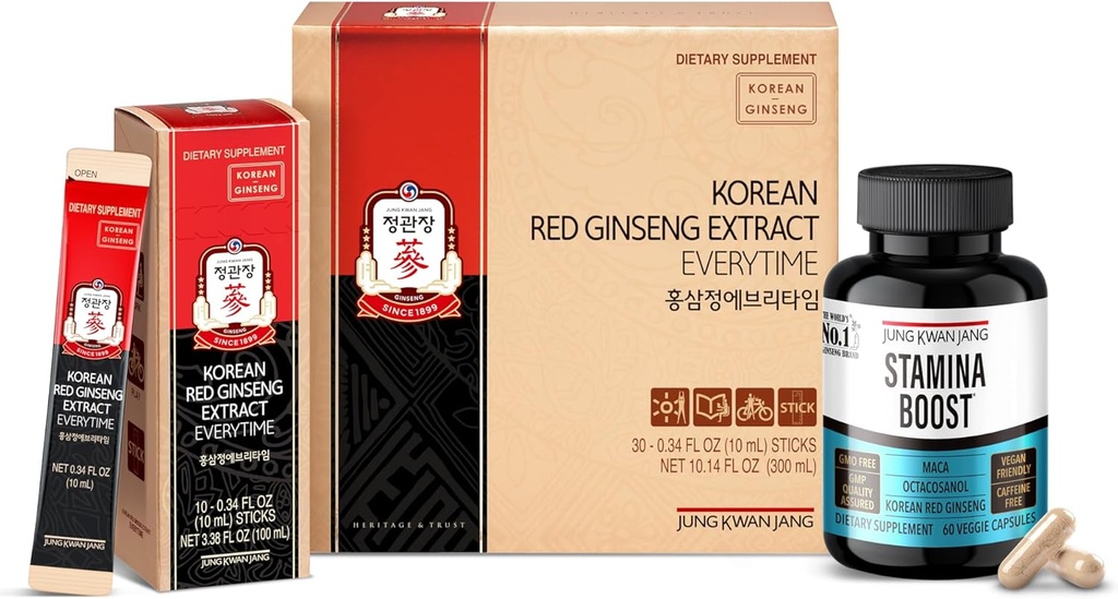 JUNG KWAN JANG Korean Red Panax Ginseng Energy Bundle - Pura joka kerta 3000mg Sticks (30 Count) & Men's Stamina Boost for Daily Vitality (60 kapselia)