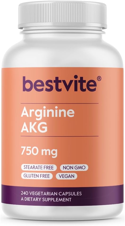 BESTVITE Arginine AKG 750mg (240 kasvissyöjän kapselit) - Ei stearaattia - Vegan - Ei muuntogeenisiä organismeja - Gluteeniton