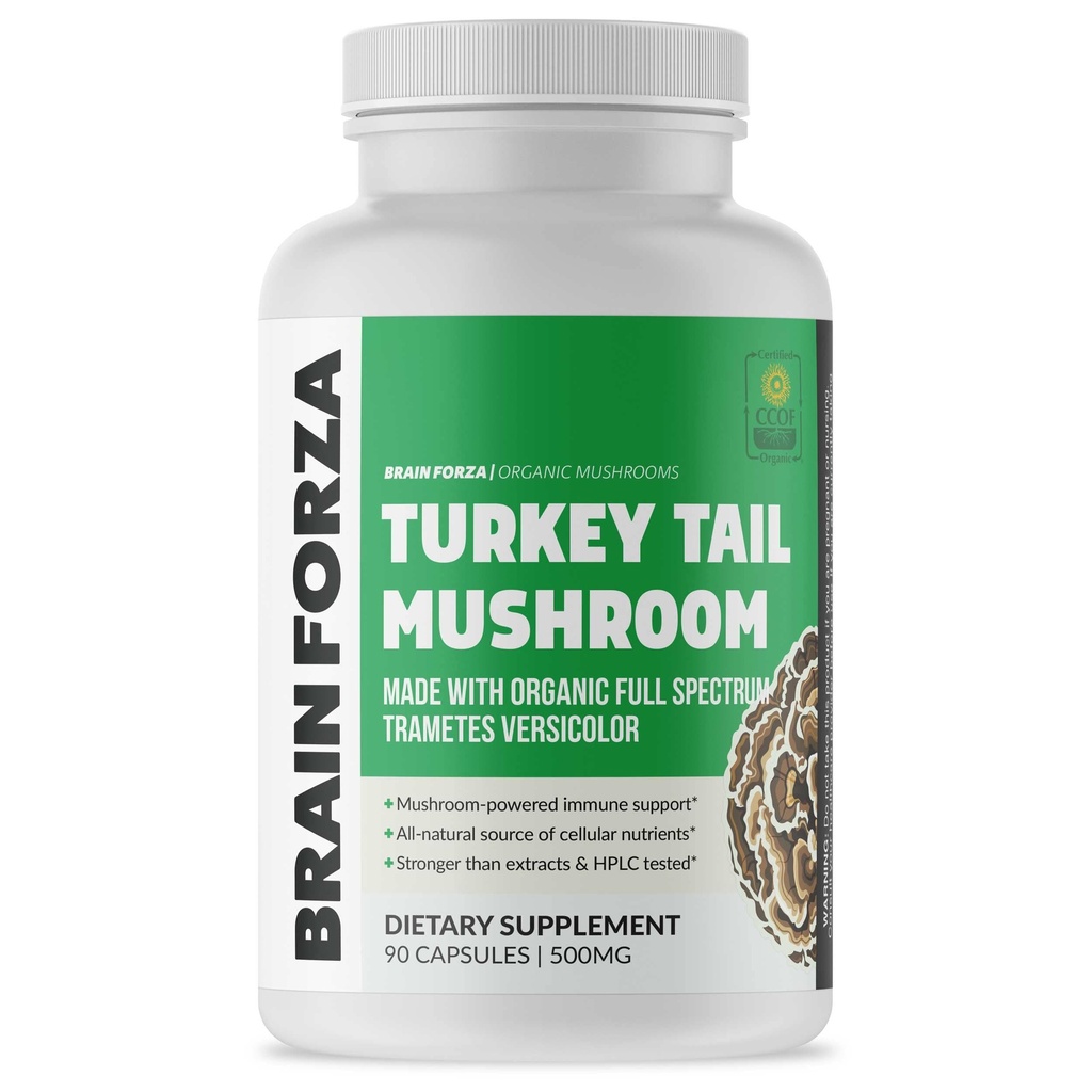 Brain Forza Organic Turkey Tail Mushroom Kapselit, Mushroom jauhettu Immunotuki, maksa- ja ruokatuki, Organic Defense Support, Ei-GMO, Vegan, Organic, 90 kapselia