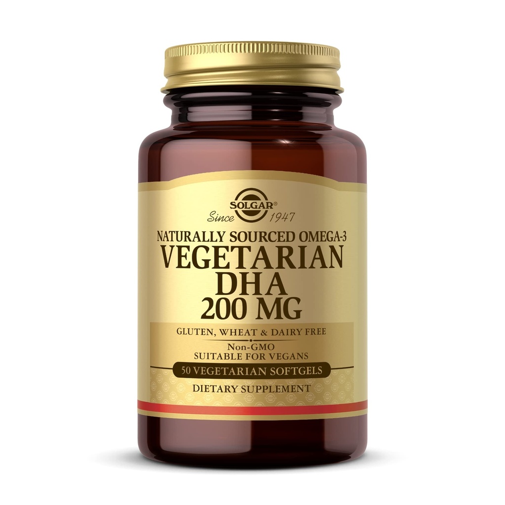 Solgar Vegetarian DHA 200 mg - 50 vegetariska Softgels - Naturligt källade Omega-3 - Vegan, Gluten Free, Dairy Free - 50 portioner