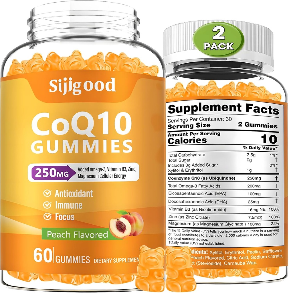 2 Pack CoQ10 Gummies, Plus Omega-3, Vitamin B3 och Zink, Magnesium, 5X High Absorption Coenzyme Q10 Supplements, q10 för Boost Cellular Energy, Potent Antioxidant & Brain, Peach Flavor, 120 Cts