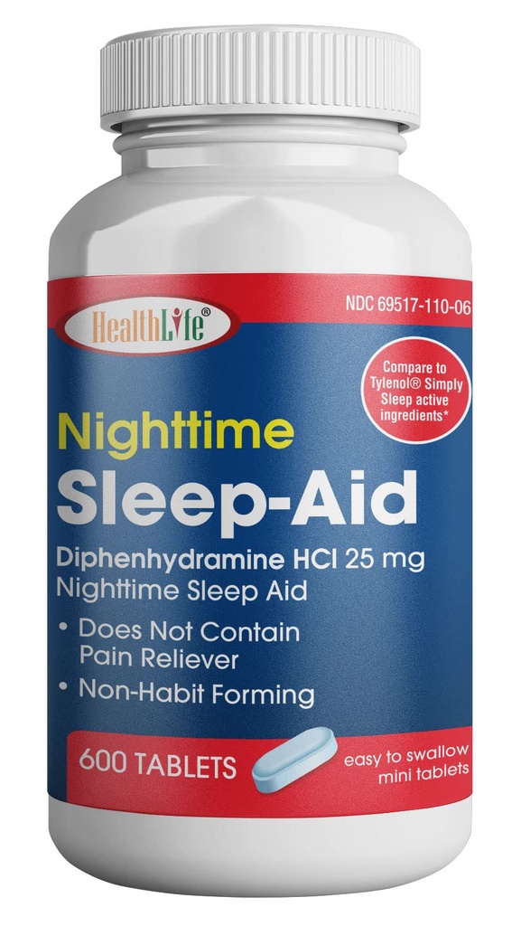 HealthPharma Nighttime unilääke, Difenhydramiini HCL Caplets, 25 mg (sininen), 600