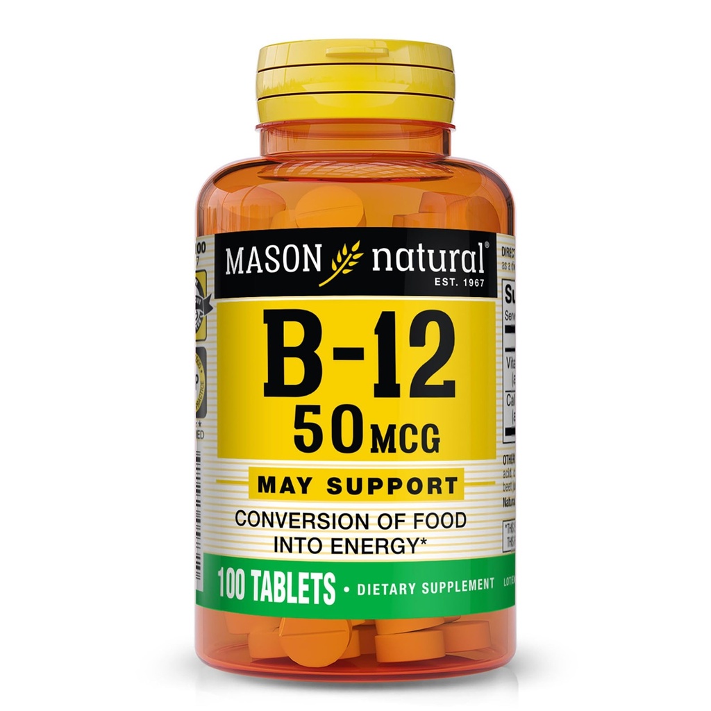 MASON NATURAL B12 50 mikrog kalsiumia, 100 päivän toimitus, ravintolisä tukea luonnon energian tasoilla, 100 tablettia (pakkaus 1)