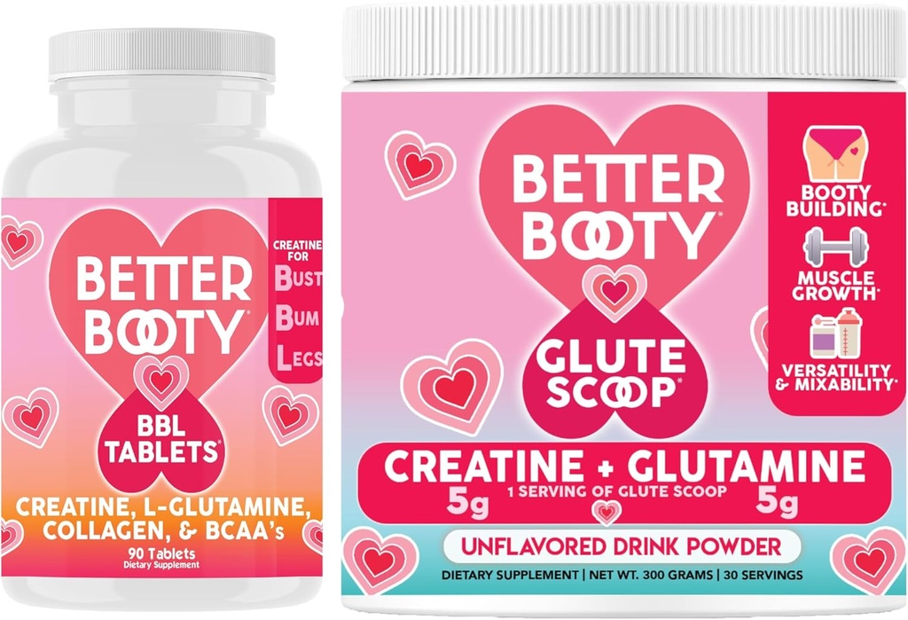 Angry Lisäravinteet Parempi Booty Naisten Creatiini Combo: BBL Tabletit (90ct) w. Creatiini, Glutamiini, BCAA: n, Collagen + Glute Scoop Creatiini & Glutamiini Makuton juoma Mix
