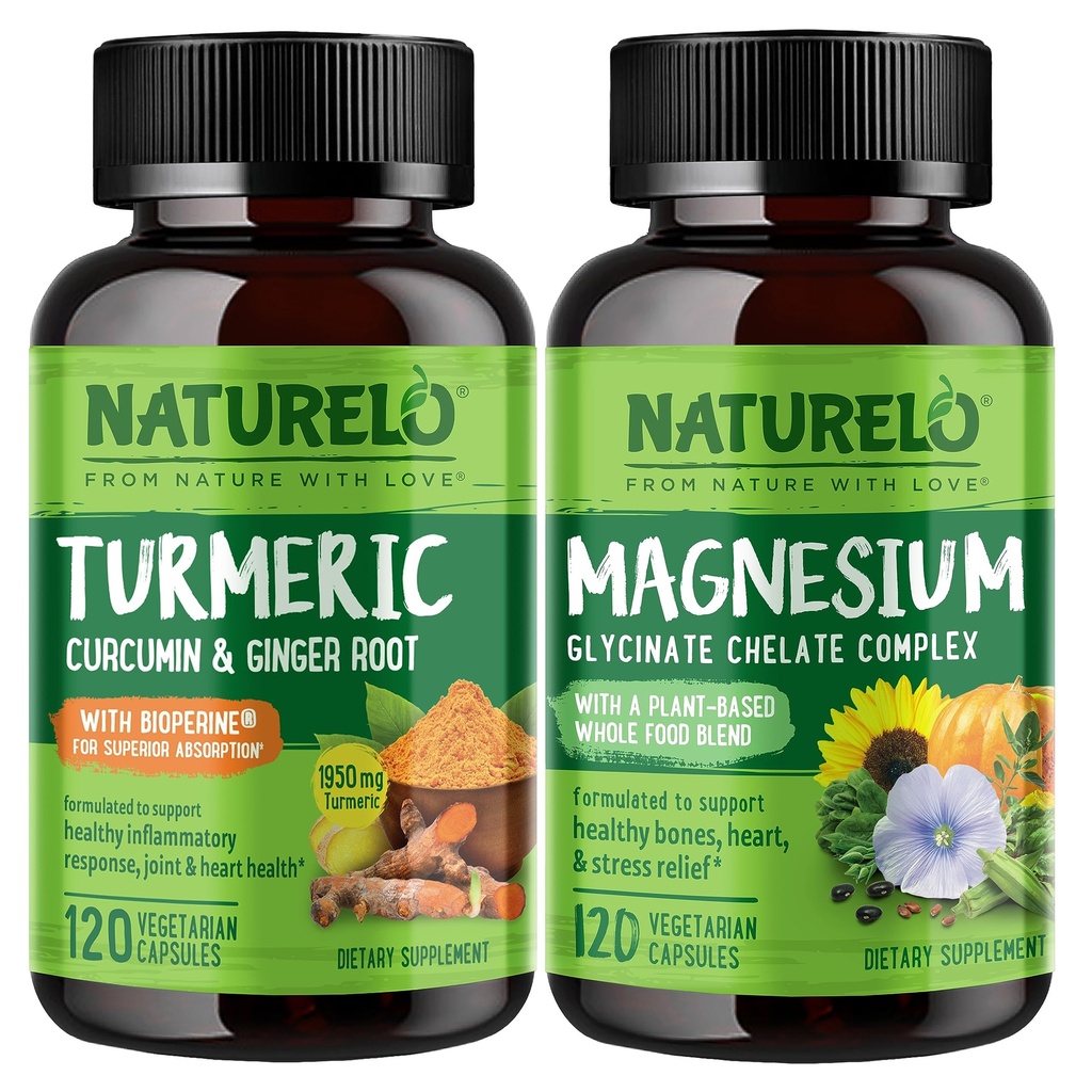 NATURALLO Tumeric Curcumin, Plant Based Joint Support, Magnesium Glycinate, 200 mg Magnesium - Gluteeniton, ei GMO - 120 kapselia