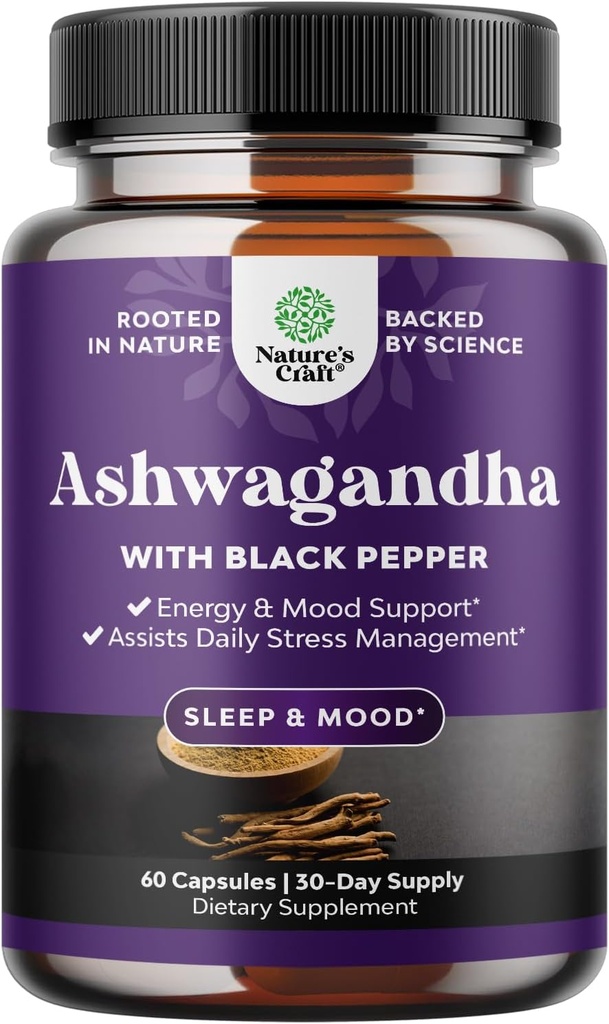 Organiska Ashwagandha Root Powder 60 kapslar - Ashwagandha med Black Pepper Extract Powder Supplements för Relax, Sleep & Immune Support för kvinnor och män - Organic Whitania Somnifera Root Supplements