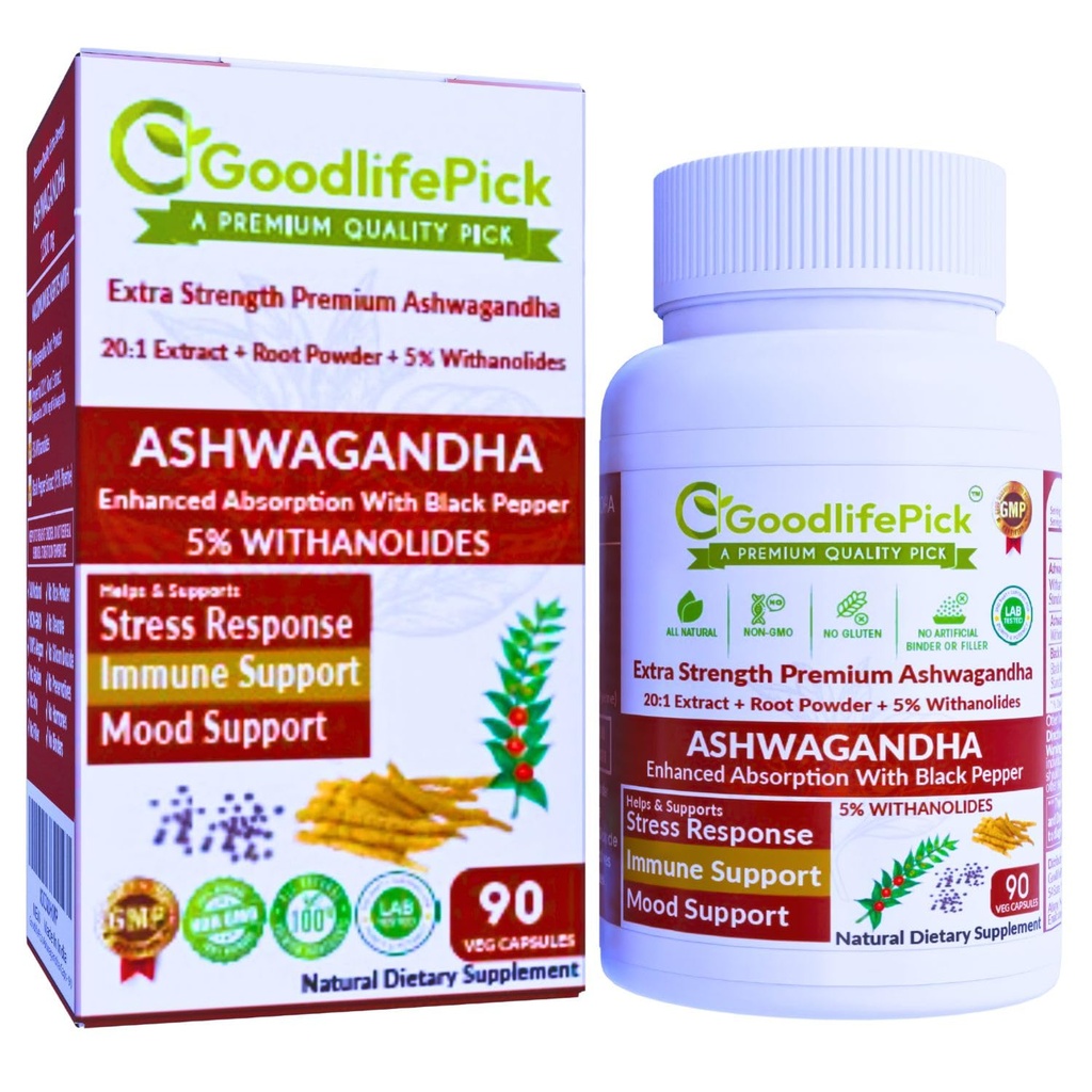 Premium Ashwagandha kapselit mustapippuri. Tehokas 5% wthanolides Ashwagandha Powder & 20:1 uute 90 ct. Natural NonGMO NO Rice Powder NO Filler