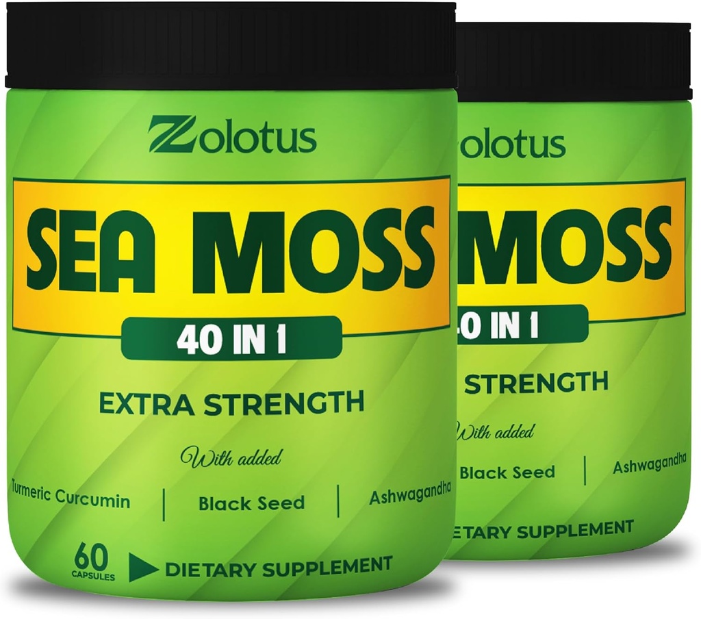 Zolotus (2 Packs 60 kapslar Sea Moss Supplement 40 i 1, med gurkmeja Curcumin, Ashwagandha Root, Bladderwrack för Immune System, Body Balance & Heart Health