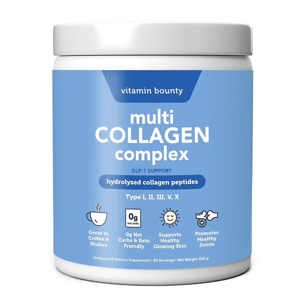 Vitamiini Bounty Multi Collagen Complex - Hydrolysed Collagen Peptides tyypit I, II, III, V & X - Tukee ihon Elastisuus, yhteinen terveys, hiusten ja kynsien kasvu - 50 tarjoilua