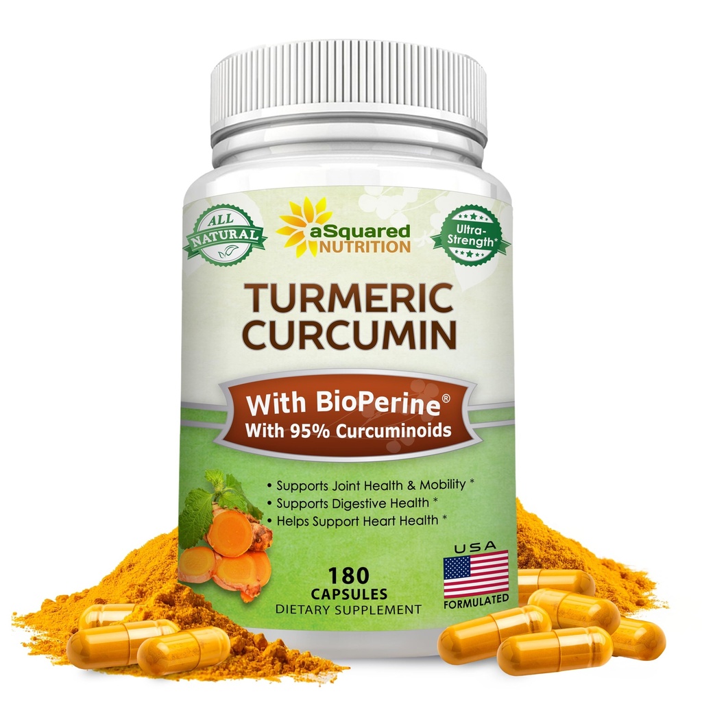 aSquared Nutrition Turmeric Curcumin 1300mg BioPerine Black Pepper Extract - 180 kapselia - 95% Curcuminoids, 100% Natural Tumeric juurijauhe lisäravinteet, Pure & Joint Stiffness pillereitä