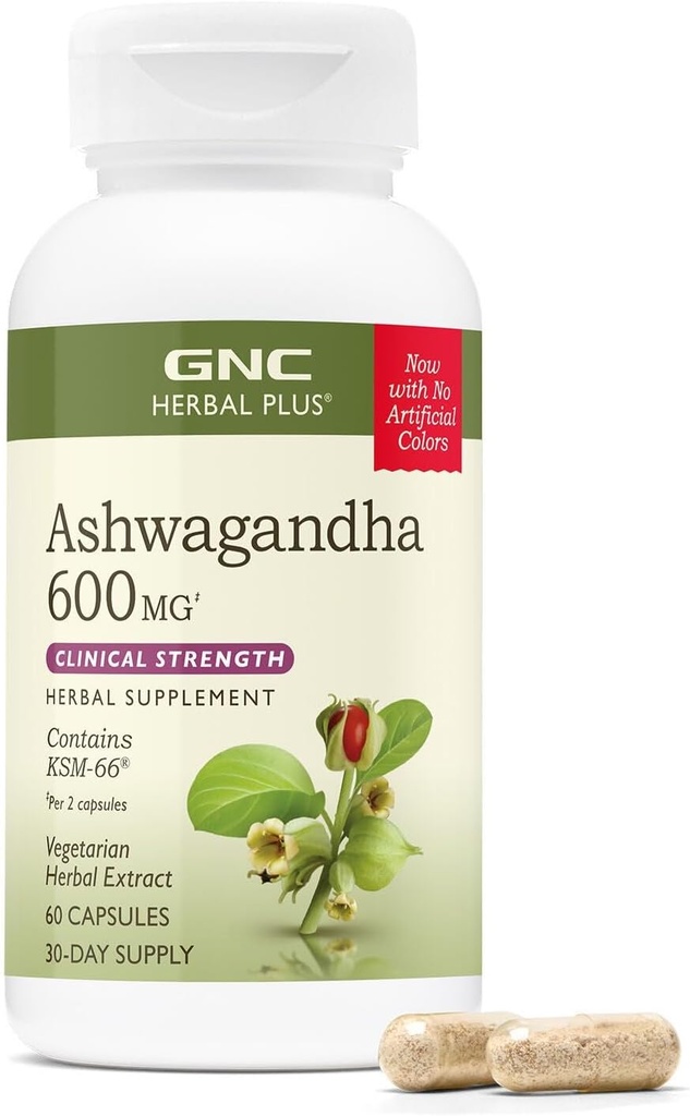 GNC Herbal Plus Ashwagandha 600mg lisäravinto, kliininen vahvuus, kasvissyöjä, stressiapu, 30 tarjoilua