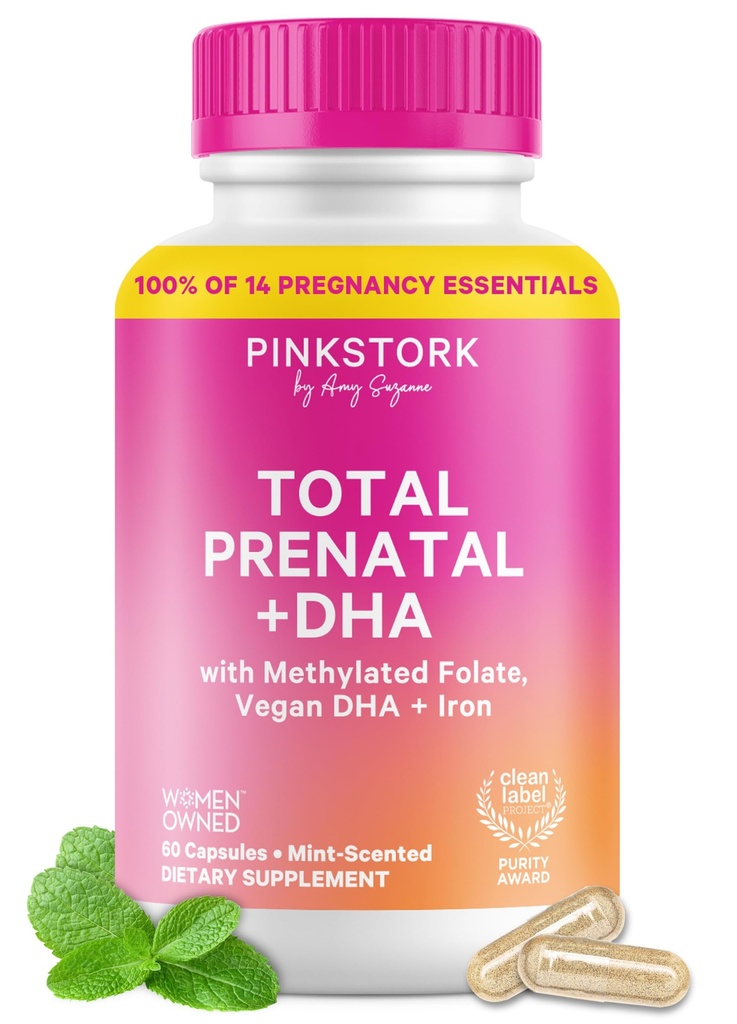 Pink Stork Total Prenatal Vitaminer med DHA, Folat, Järn, Kolin och Vitamin B12 - Preconception Nutrition - Prenatals för kvinnor, Graviditet Essentials - Mint Essence, 60 kapslar, 1 månads leverans