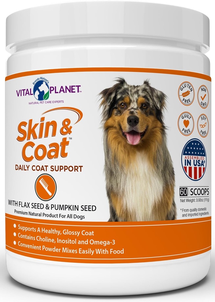 Vital Planet - ihon ja takin jauhe täydentää koirille koliini, inositoli, kurpitsa, pellava ja Omega-3 öljyt tukea pehmeä kiiltävä terve turkki ja kausi allergies - 60 Scoops, 111g, 3,92oz
