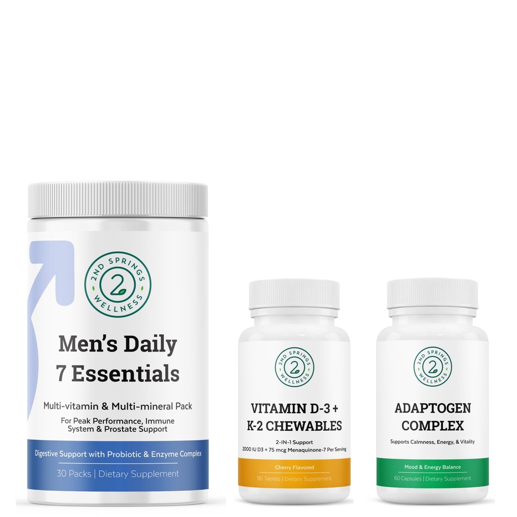 Miesten päivittäin 7 Essentials, Adaptogen Complex & Vitamiini D3 + K2 Pureskella Bundle