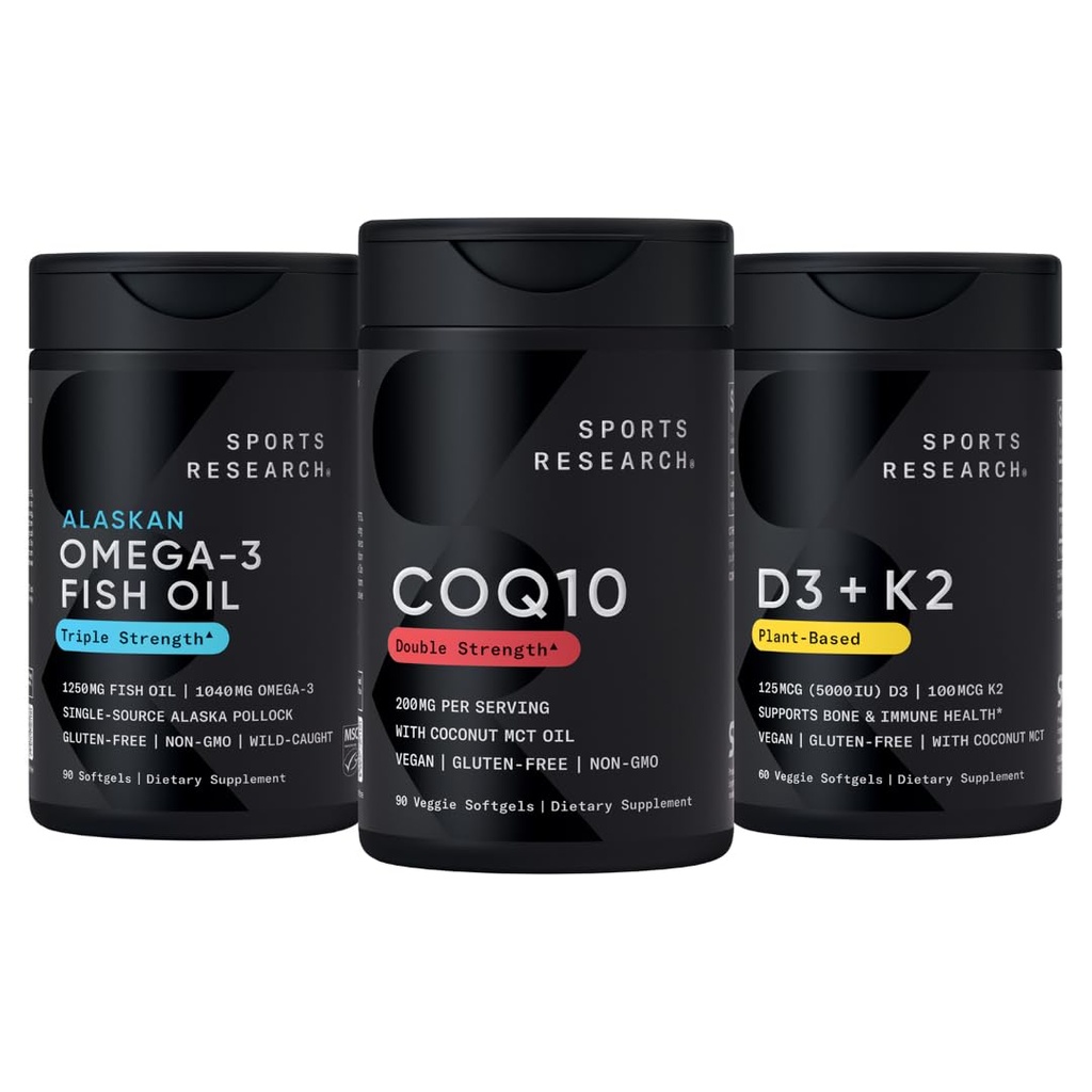 Sportforskning 1250 mg Omega 3 Burpless Fish Oil från Single-Source Wild Alaskan Pollock, CoQ10 (200mg) Förbättrad w / Coconut MCT Olja för bättre absorption och 5000iu vitamin D med 100mcg Mk7 Vitamin K