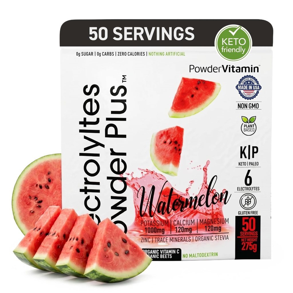 Electrolytes Powder Plus (50 portioner), 0 Calorie Keto, 0 Sugar, No Maltodextrin,1000mg Potassium,120mg Calcium,120mg Magnesium, Hydration Powder (50 portioner, Watermelon)