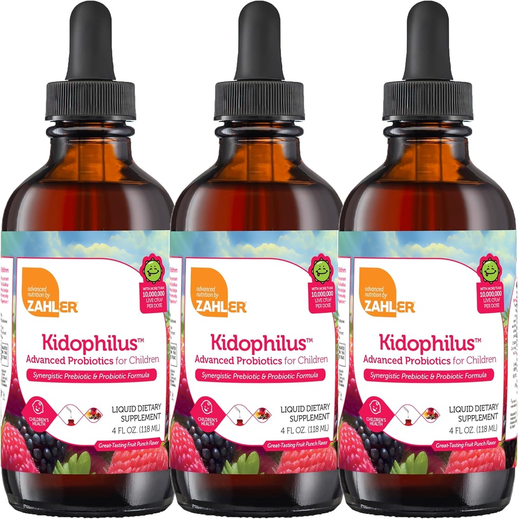Zahler - Kidophilus Liquid Drops Probiotics for Kids (4 Fl Oz) Certified Kosher, för Healthy Digestion & Immune Support - Fruit Punch Flavored Children's Probiotic Drops Supplement (3 Pack)