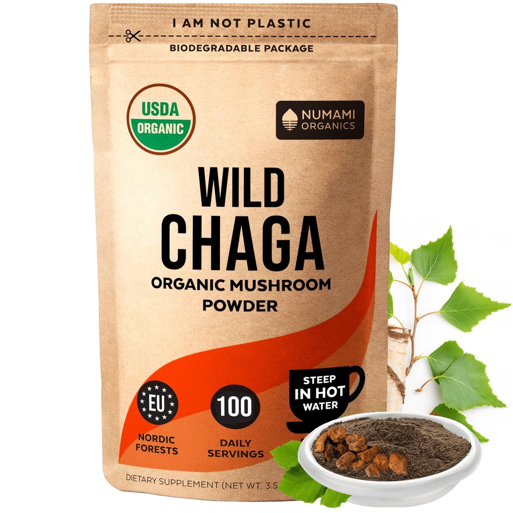 Organic Chaga Mushrooms Powder - Fine Powder för att göra Chaga Tea för immunförsvar och mer energi, är Organic Chaga Wild Grown och hållbart skördad i Europa, certifierad USDA Organic, 100 portioner