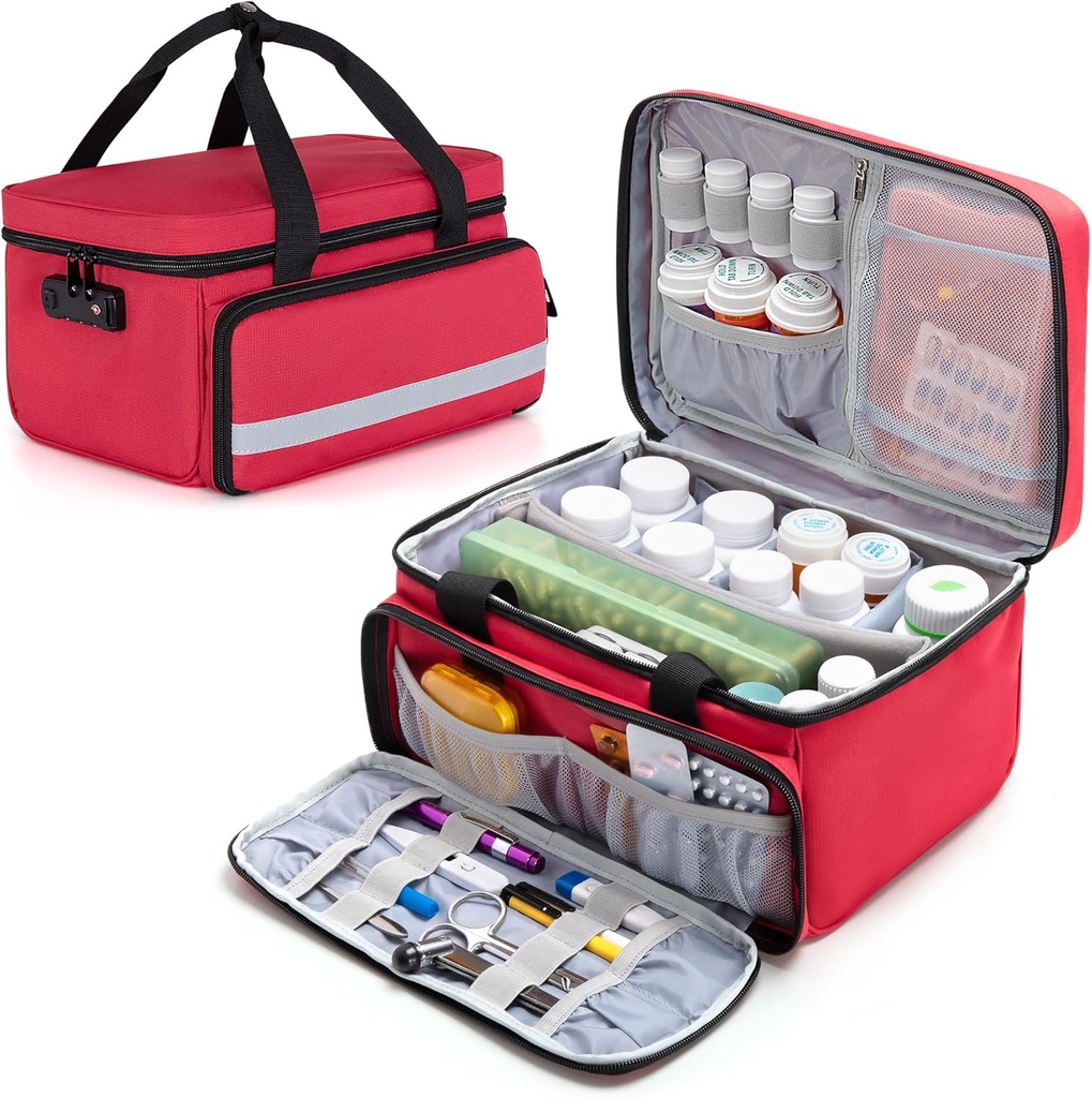 CURMIO Pill Bottle Organizer, Lääke laukku lukko resepti pullot ja ensiapupakkaukset, punainen (patented Design)