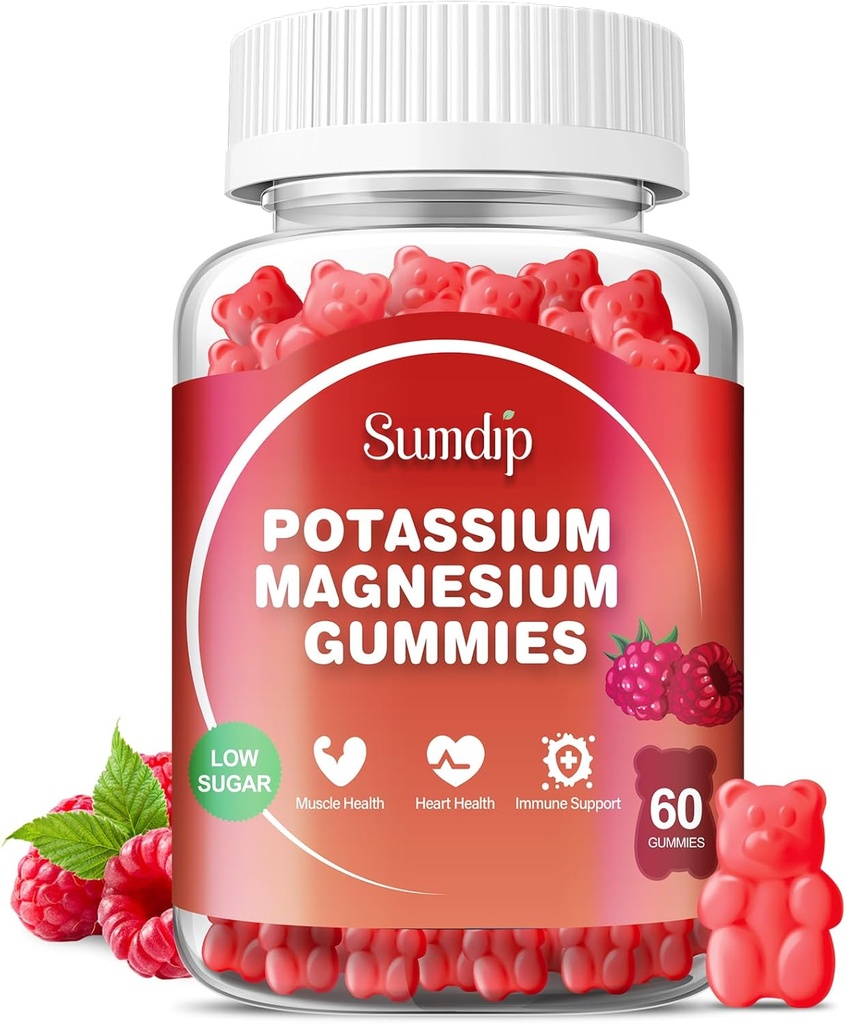 Kalium Magnesium Gummies Kalium Kosttillskott Hög Absorption Kaliumcitrat Magnesium Citrat, Stöd Leg Cramps Muskelavkoppling för Män och Kvinnor 60 Gummies, Raspberry