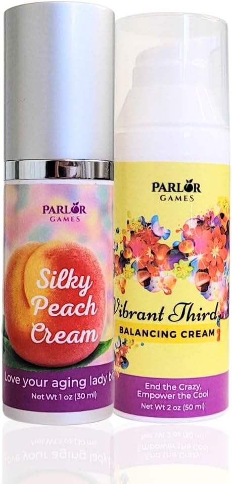 Vaihdevuodet Tasapaino: Silky Peach Estroli Cream & Vibrant Kolmas Progesterone Cream naisille. Bioidenttinen estrogeeni ja progesteroni kuumien välähdysten hoitoon, emättimen kuivumiseen, uniongelmiin ja aivosumuun