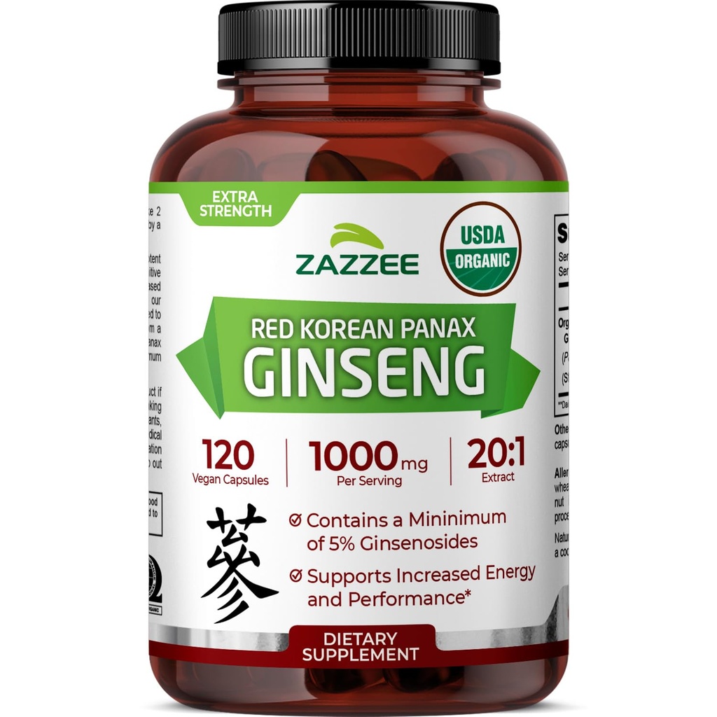 Zazzee USDA Organic Red Korean Panax Ginseng 20:1 uute, 1000 mg, 5% Ginsenosidit, 120 vegan kapselit, standardoitu ja tiivistetty 20X juuriuute, 100% kasvissyöjä, Kaikki luonnolliset, valmistettu Yhdysvalloissa