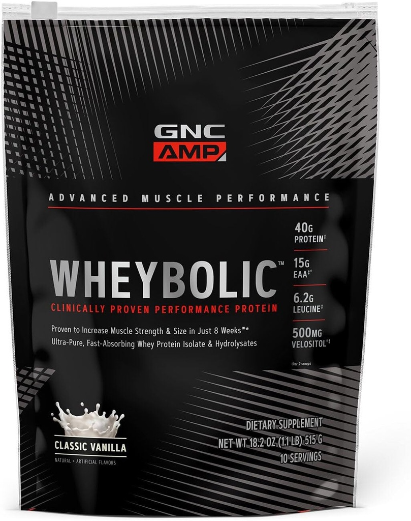 GNC AMP Wheybolic Clinically Proven Protein Powder, 40g Whey Protein, BCAA, Leucine, Ökar muskelstyrka, muskelbyggnad, 3rd Party Tested, Gluten Free, Classic Vanilla, 10 Servings