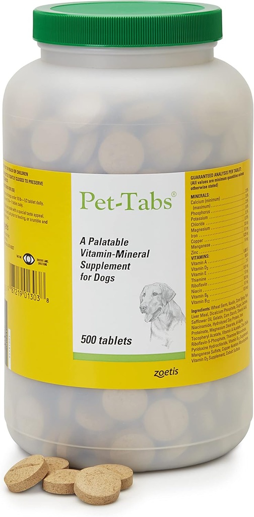 Pet-Tabs Multivitamiini ja Mineraali täydentää koirille, purutabletti, 500 Count Bottle Multidog Household