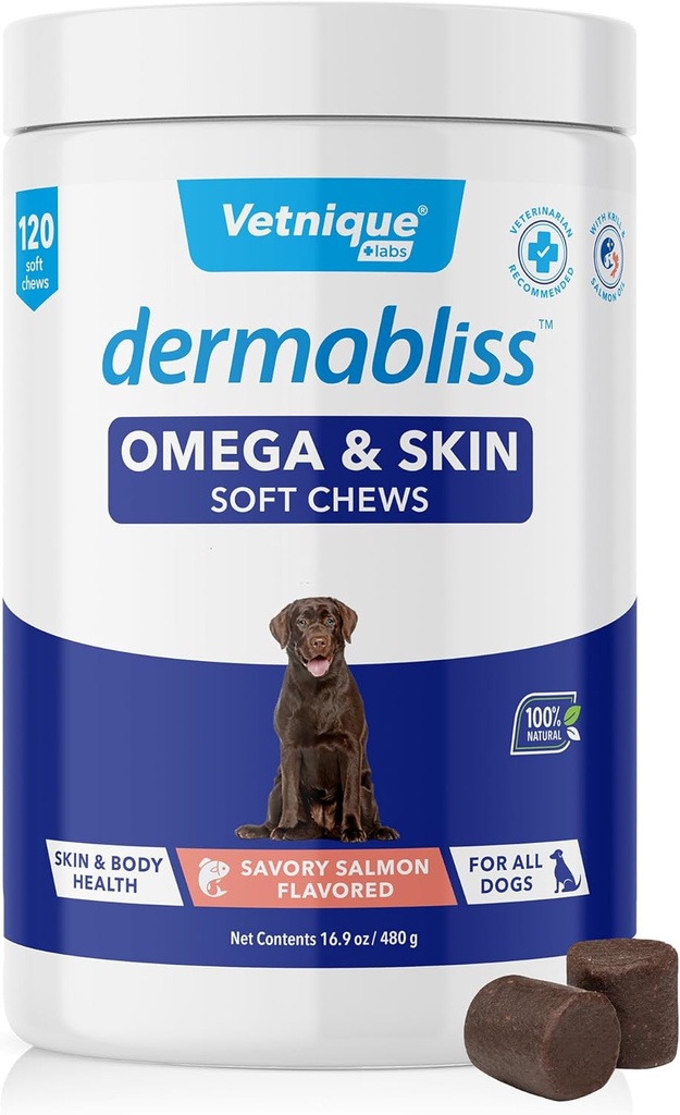 Vetnique Dermabliss Omega & Skin Health Fish Oil for Dogs Soft Chews Terve iho & takki koirille Biotin & DHA - Hickory Salmon Dog Treats (120 Count Chews)
