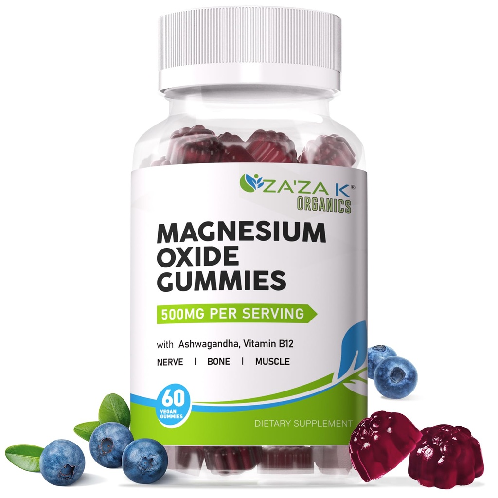 ZA'ZA K ORGANICS Magnesium Oxide Gummies, Magnesium Oxide 500mg med Ashwagandha & Vitamin B12 för sömn, Nerve, Muscle, Bone & Heart Health, Magnesium Chewable Supplement för vuxna barn, Vegan, 60