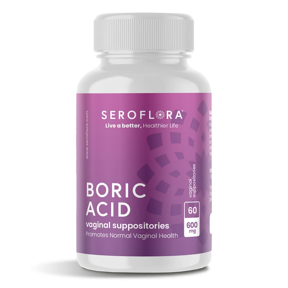 Seroflora Boric Acid Vaginal Suppositories - Främjar vaginal pH-balans och luktkontroll med USP Medical Grade Fine Powder, Easy Dissolve, Made in USA -600 mg 60 Count