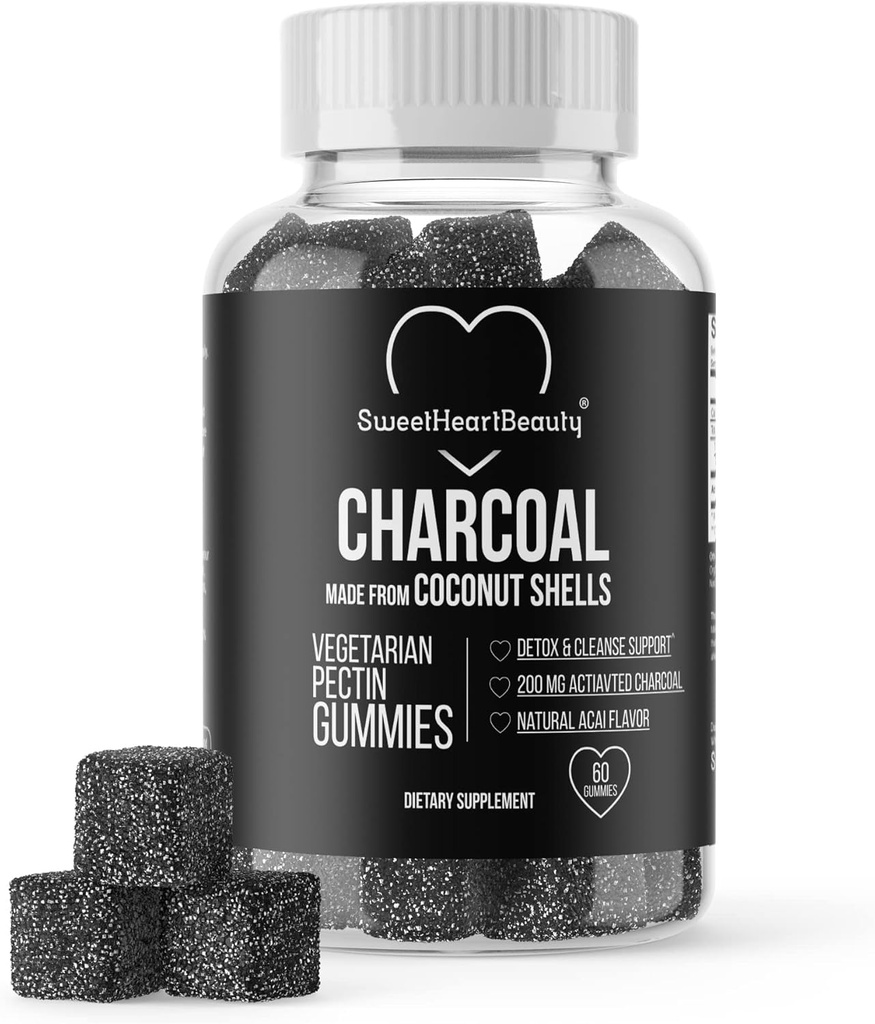 Aktiivihiili Gummies - Natural Coconut Shell Charcoal Gummy Supplements for Detox Support, Smatach Bloat & Oral Health - Gluteeniton, Vegan & Pectin Based - Acai Flavor, 60 kreivi