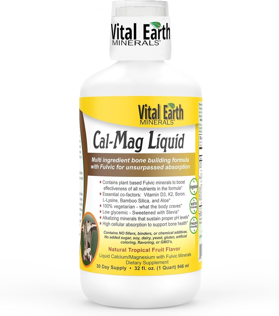 Vital Earth Minerals Cal-Mag Liquid - Calcium Magnesium Supplement med vitamin D3, K2, Boron och Fulvic Acid för snabbare Absorption, 32 Oz + 1 Oz Cup