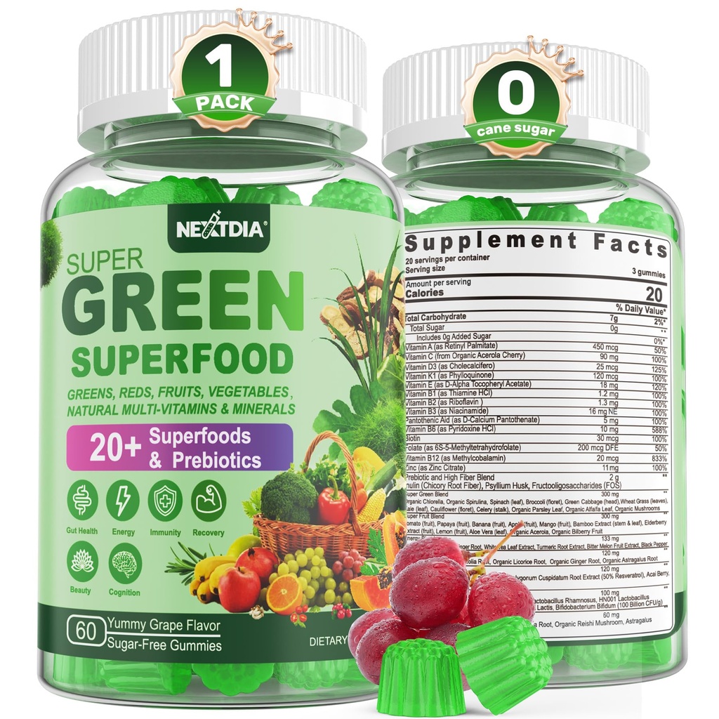 Super Greens Gummies, Greens Superfood Powder Alternative w/Spirulina, Klorella, Prebioottikuitu, Probiootti, Fruit Vege, Daily Greens Vihannes Ruoansulatus- ja suolistoterveyden, immuniteetti, Focus, 60 Cts