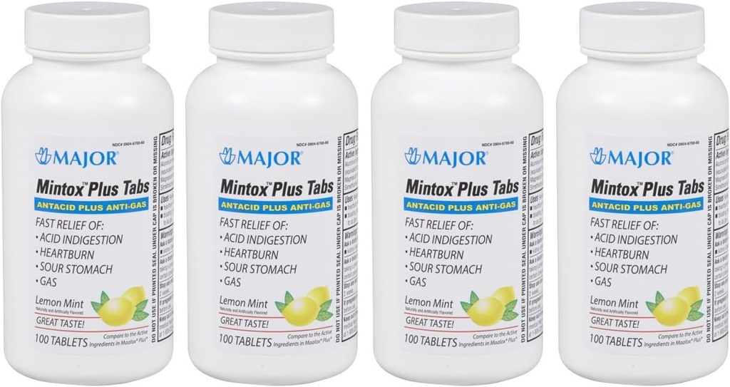 MIGOR Mintox Plus Tabs - Antasidi Plus Gas -tabletit - auttaa nopeasti lievittää happoa ruoansulatushäiriöt, närästys, hapan vatsa ja kaasu - sitruuna Mint makupala - 100 Count (4 Pack)