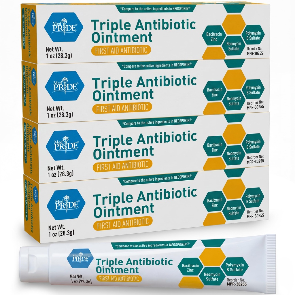 MED Pride Triple Antibiootti Pride Ointment Tube 1 Oz 4-Pack, First Aid for Minor Wounds, Scratches, Abrasions, kanssa sinkki, Neomysiini, Polymyxin