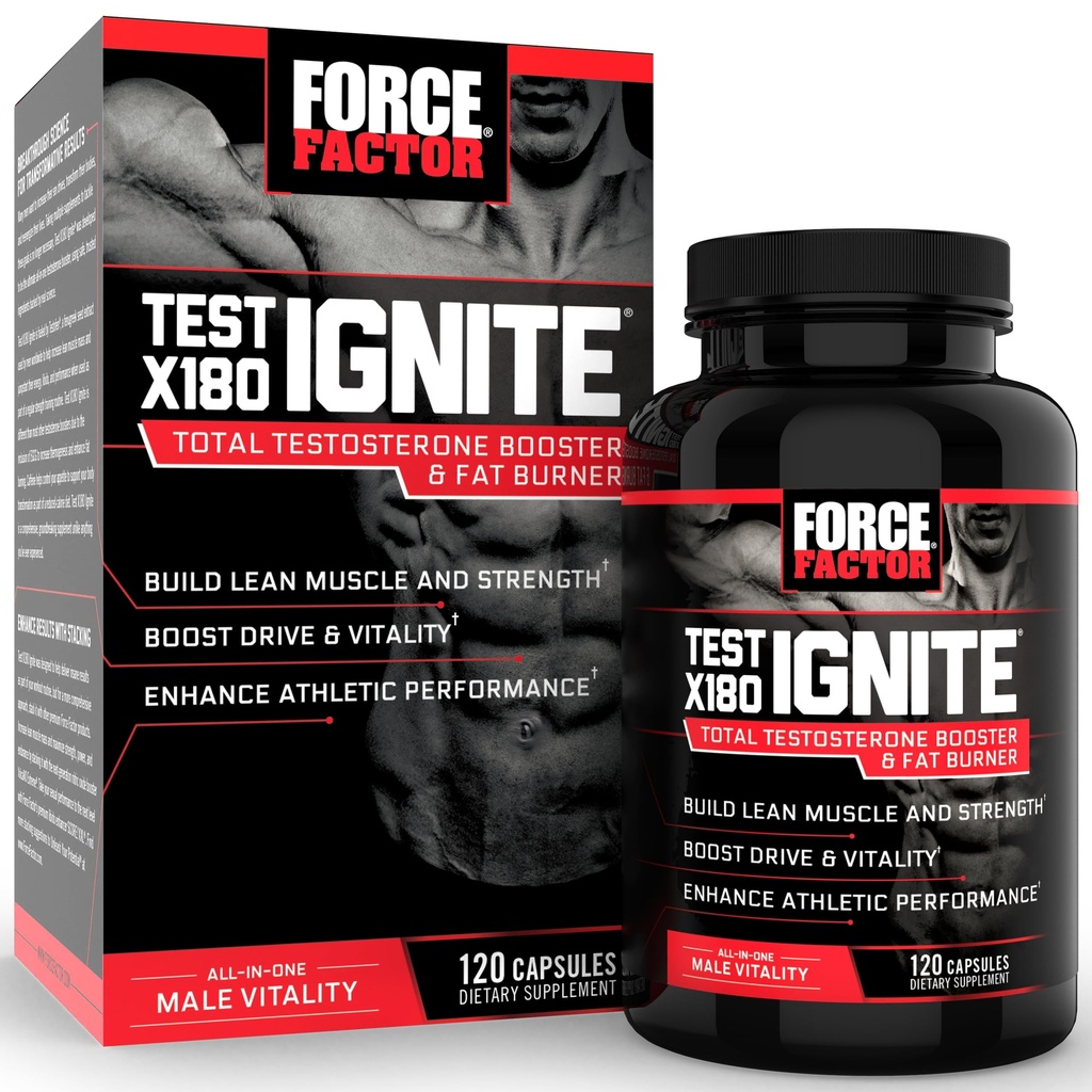 Force Factor Test X180 Ignite Total Testosteron Booster för män med Fenugreek Seed och Green Tea Extract för att bygga Lean Muscle, Boost Energy och förbättra prestanda, 120 Count