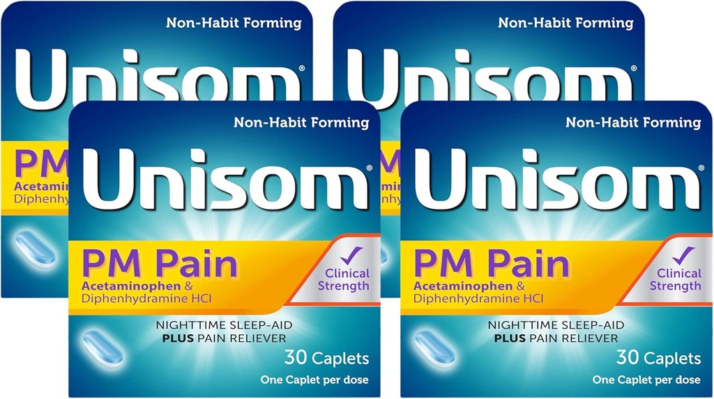 Unisom PM Pain Night-time Uni-Aid + Pain Reliever, Acetaminophen & Difenhydramiini HCI, 30 Caplets, 50mg (pakkaus 4)