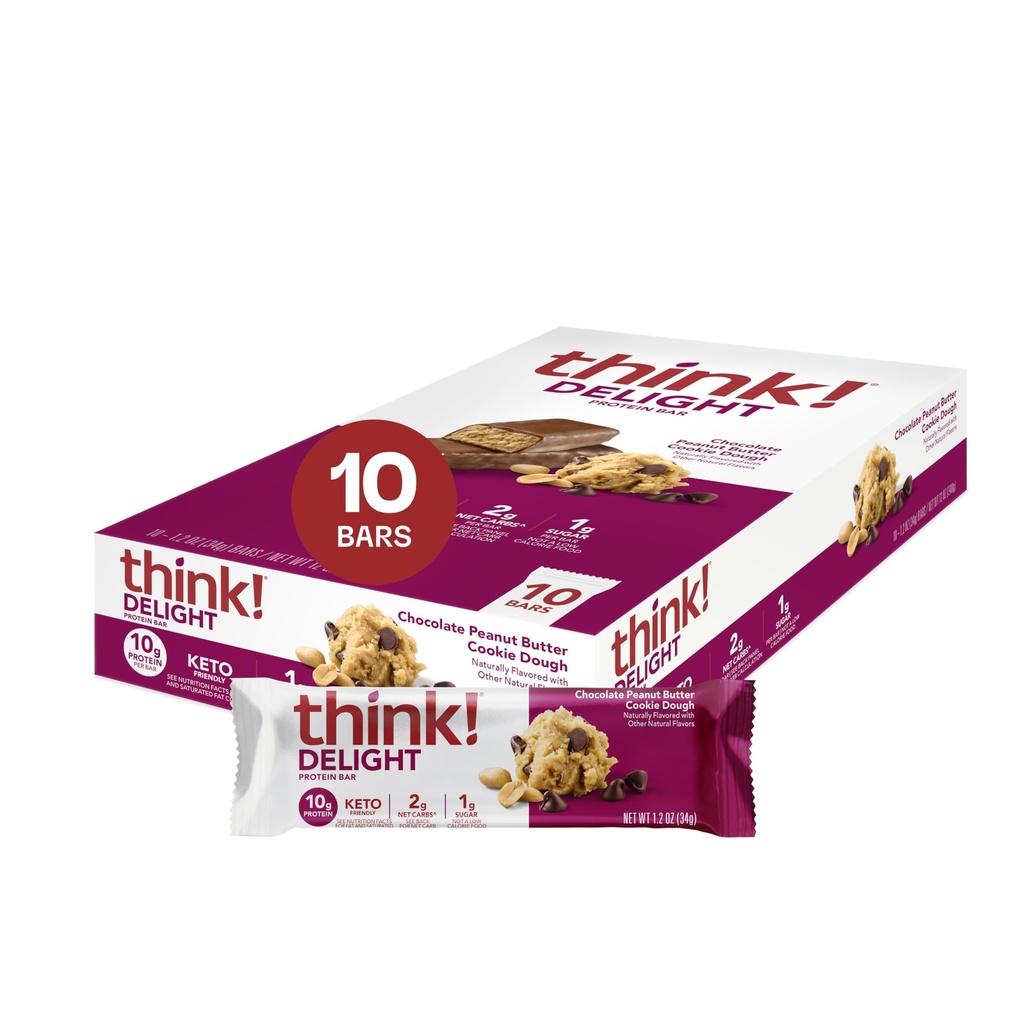 Ajattele! Delight, Keto Protein Bars, Terve Low Carb, Gluteeniton Välipala - Chocolate Peanut Butter Cookie Dough, 10 Count (Pakkaus May Vary)