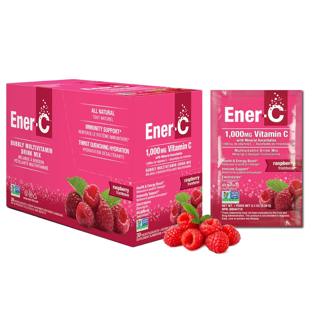 Ener-C Vadelma Multivitamiini juoma Mix Powder C-vitamiini 1000 mg & Elektrolyyttejä Real Fruit Juice Natural Energy & Immuuni tuki naisille ja miehille - ei-GMO Vegaani & Gluteeniton - 30