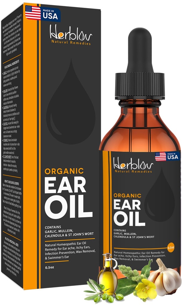 Organisk öronolja för öroninfektioner - Naturördroppar för infektionsförebyggande, Swimmer's Ear & Wax Removal - Barn, Vuxna, Baby, Dog Earache Remedy - med Mullein, Garlic, Calendula, Made in USA