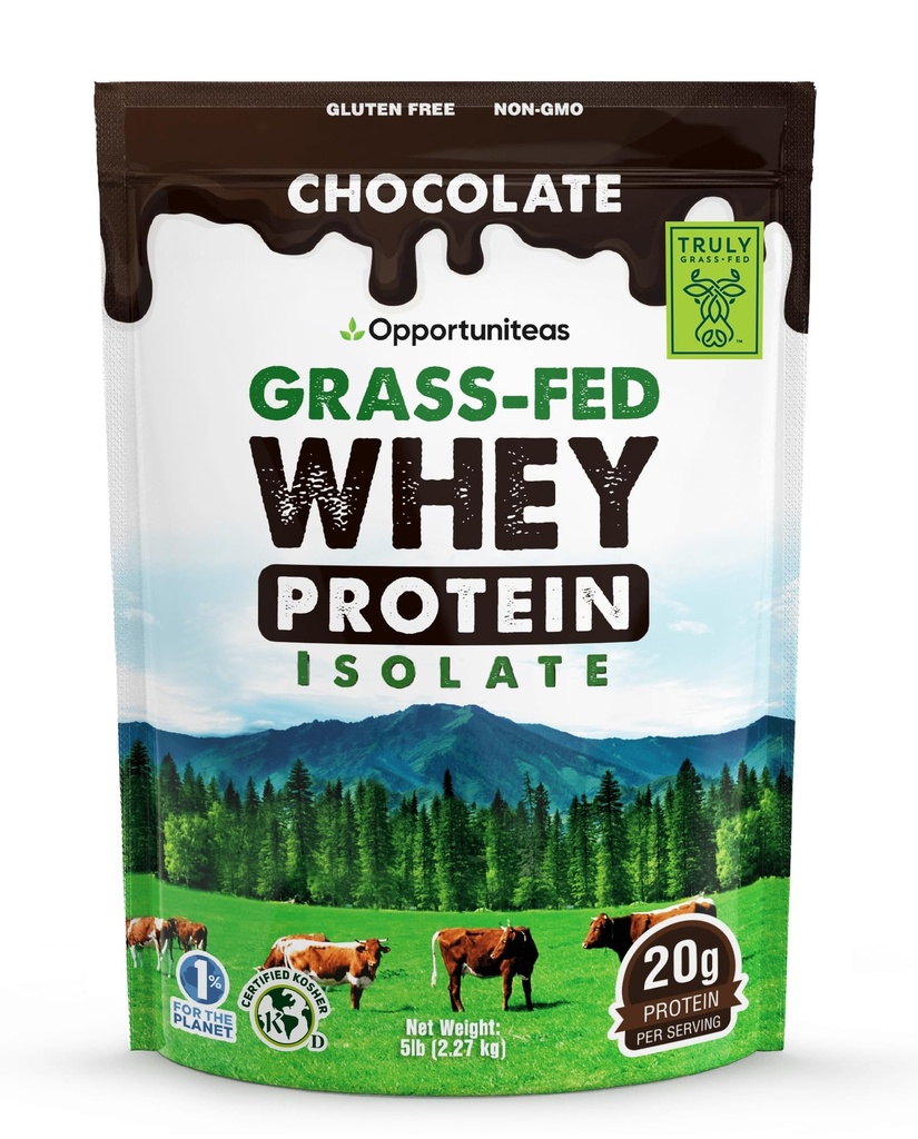 Opportuniteas Grass Fed Chocolate Whey Protein Isolate Powder - 20g Proteiinijauhetta ilman keinotekoisia makeuttajia, Hormonittomia lehmiä, ei GMO - 5lb